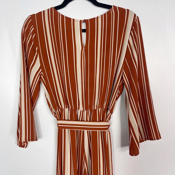Miami Medium Rust Orange Cream Striped Jumpsuit Tie Waist VNeck Wrap Francescas - Picture 6 of 12